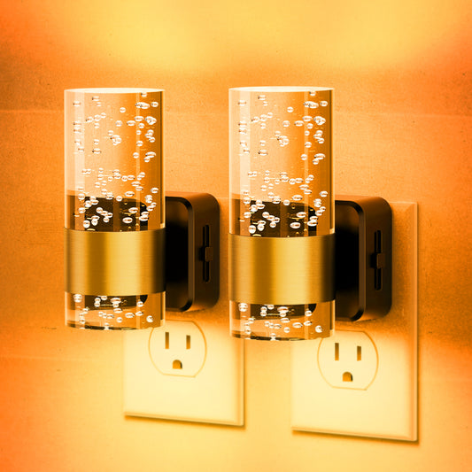YANSUN 2-Pack 1W Plug-In Light Sensor Night Lights with Bubble Acrylic Column Design, Amber 1600K Light, Slide Dimming (0%-100%), US Plug