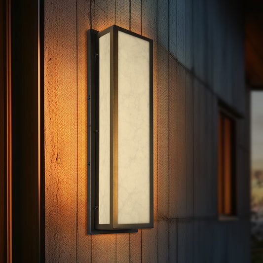 YANSUN 24.8in Outdoor LED Wall Light, IP65 Waterproof Rectangular Wall Sconce, 30W 3000K Warm Light Faux Alabaster Shade Exterior Fixture