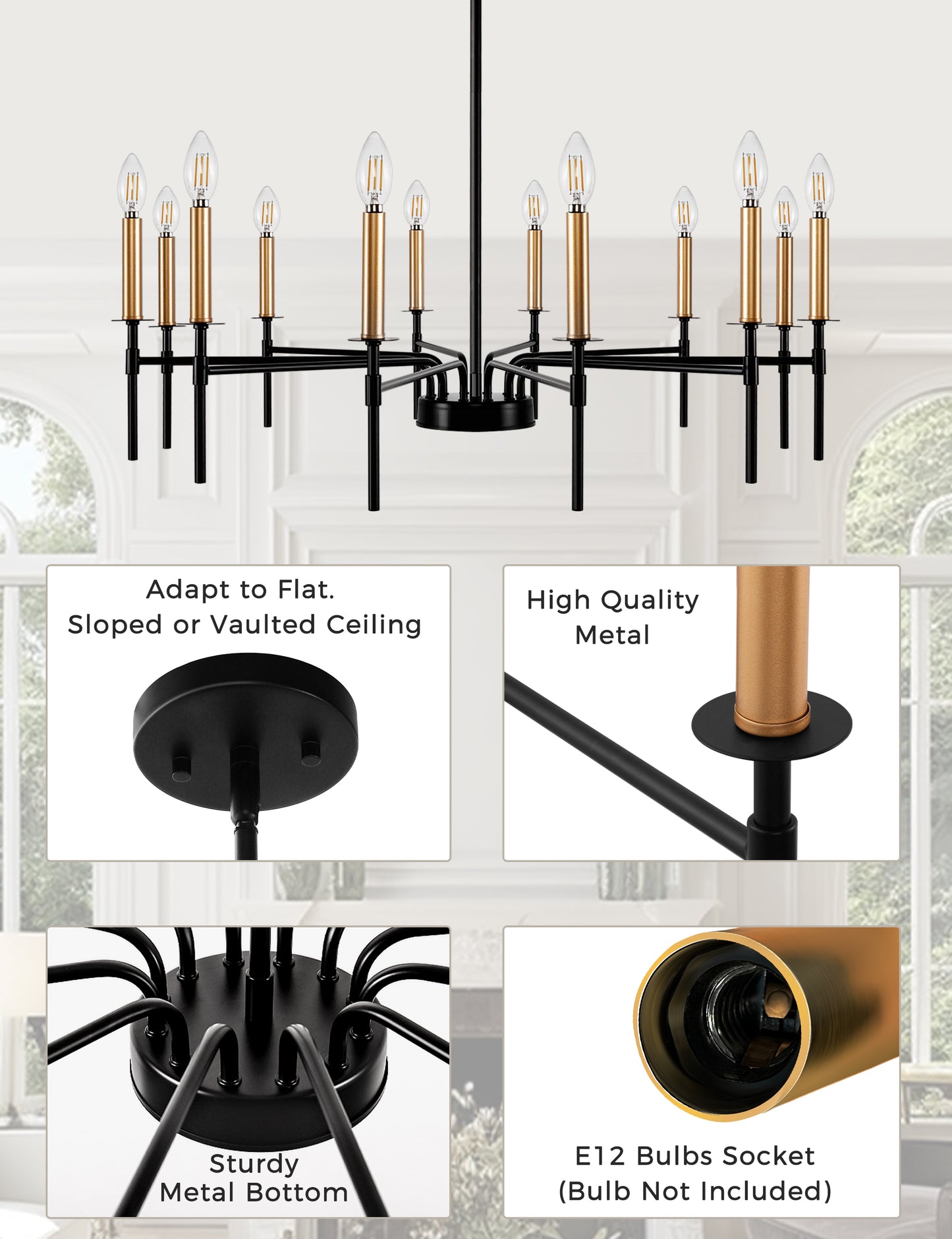 YANSUN 12-Light Black Gold Pendant Chandelier Modern Ceiling Hanging Light Fixture E12