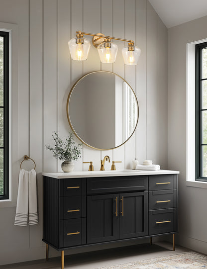 YANSUN 22 in. Gold 3-Light Vanity Light for Bathroom with Clear Wine Glass Shade and No Bulbs Included