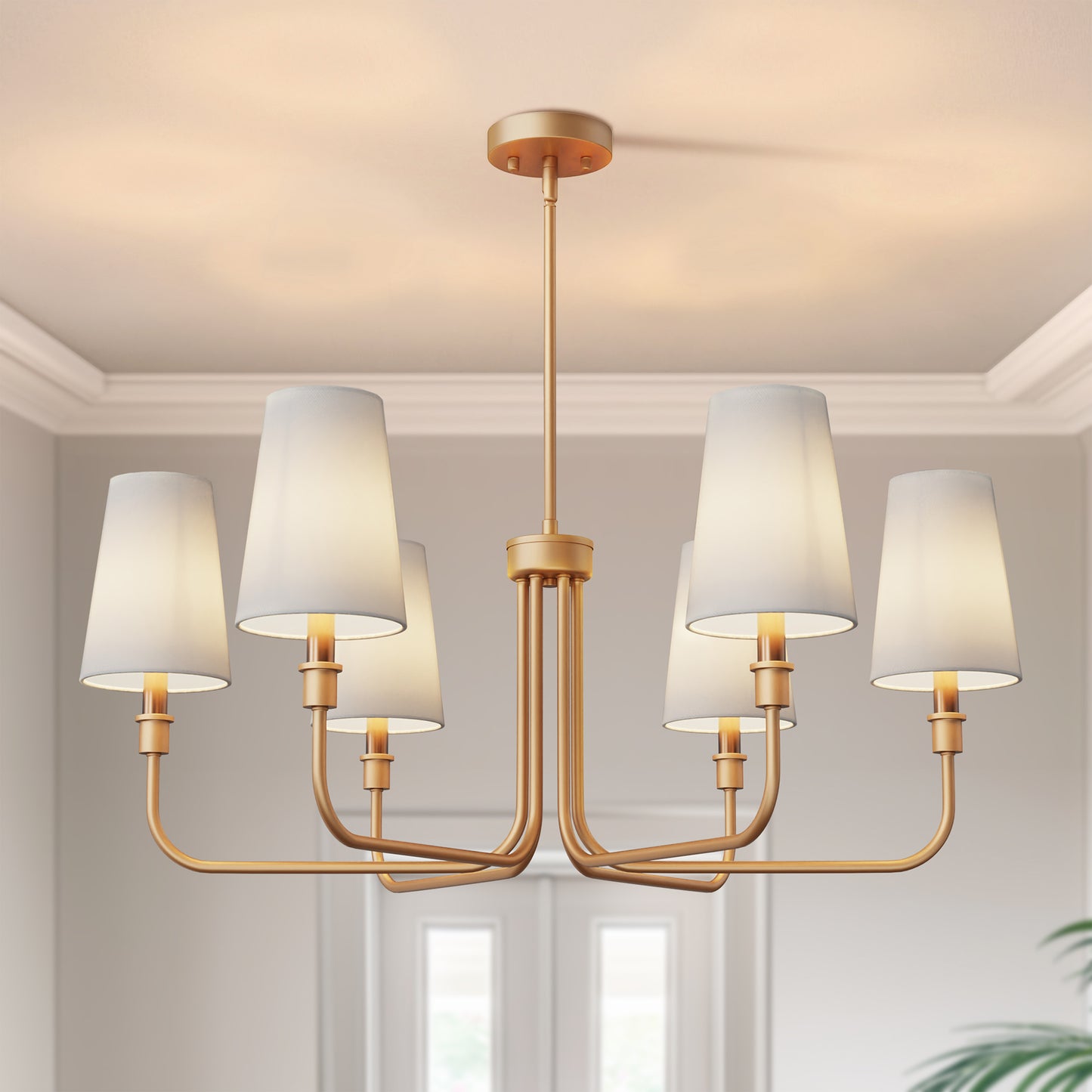 YANSUN 6-Light Chandelier with Straight Tubular Arms and Inverted Cone Fabric Shades, Gold Finish, E12 Bulbs Not Included