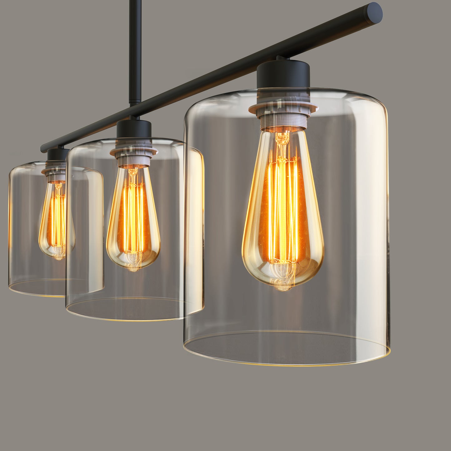 YANSUN Modern 3-Light Kitchen Island Pendant Light, Black Ceiling Fixture with Clear Glass Shades, E26 Hanging Rod Chandelier for Dining Room Kitchen Island