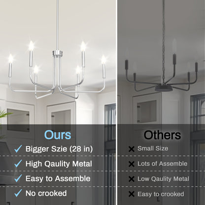 YANSUN 6-Head Chrome Traditional Chandelier - 28in E12 Metal Candelabra for Living Room Entryway, 40W Max