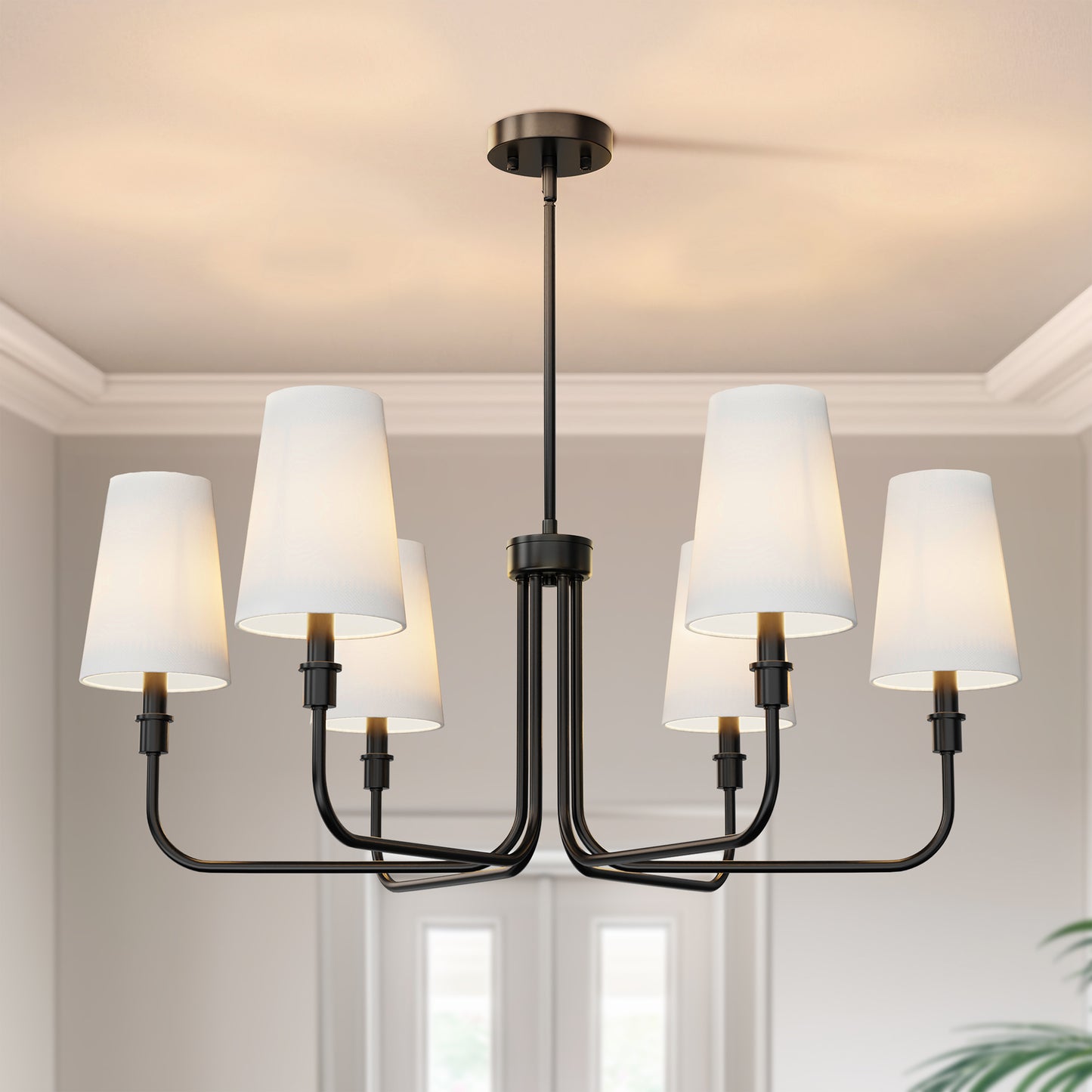 YANSUN 6-Light Industrial Black Chandelier with Tapered Fabric Shade E12 for Dining Room or Foyer Kitchen (Bulbs No Included)
