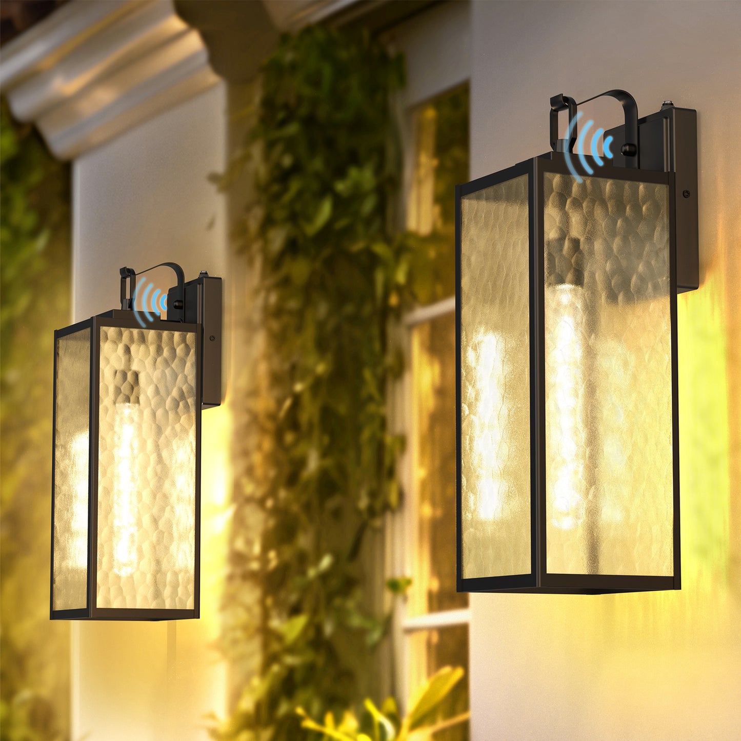 YANSUN 2-Pack Outdoor Wall Light with Dusk-to-Dawn Sensor, 18in Metal Fixture with Stone-Pattern Glass Shade, Upward Hook Design, E26 Base
