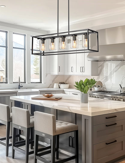 YANSUN Modern 5-Light Matte Black Island Pendant Light with Clear Glass Shades, Adjustable Chain, No Bbs Included