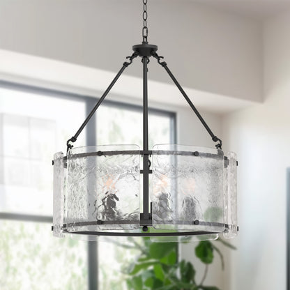 YANSUN 5-Light Black Drum Chandelier Pendant Light with Glass Shade and E12 Base for Dining Room, No Bulbs Included