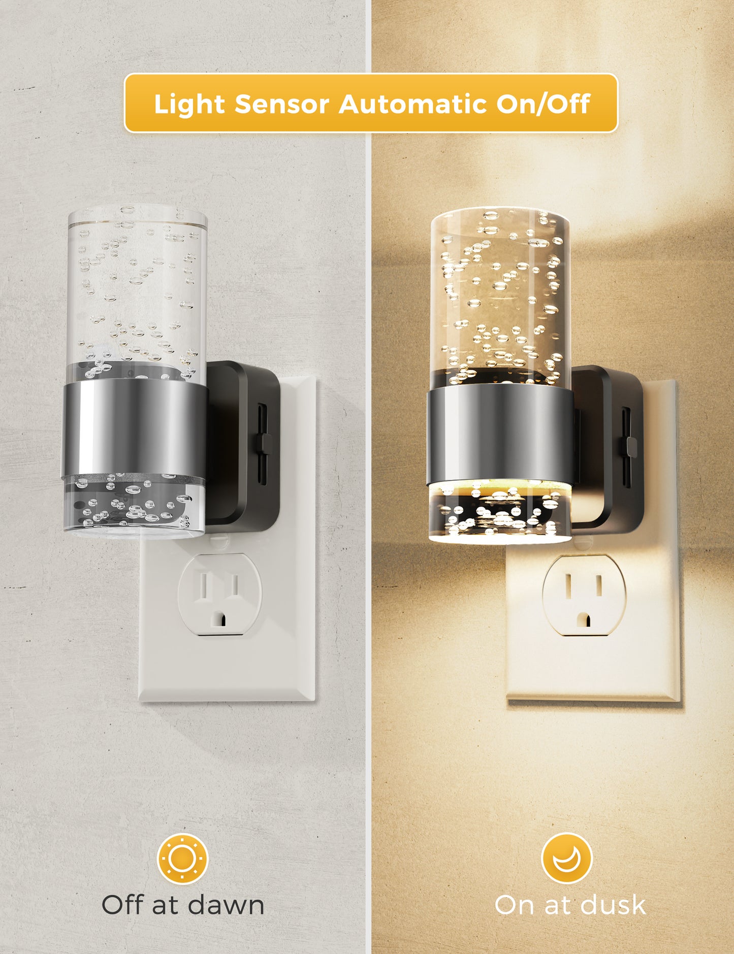 YANSUN 2-Pack Plug-in Dusk-to-Dawn Night Lights, Warm Glow 2700K, Sliding Dimmable, Wall Light Style, US 3-Prong Plug