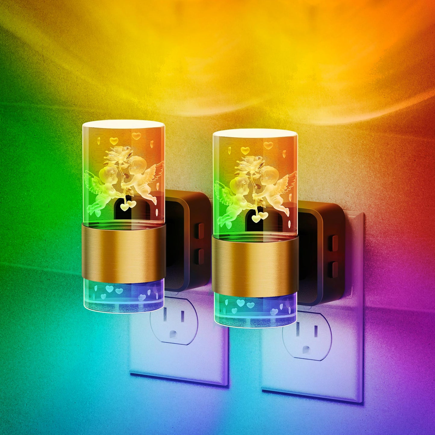 YANSUN 1W Plug-in Light Control Night Light, 3D Engraved Cupid & Gold Ring Design, RGB + 2700K, Adjustable Brightness, Black & Copper Finish