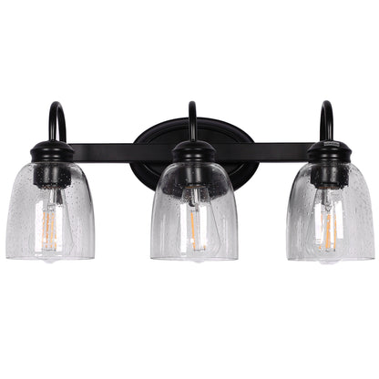 18.89 in. 3-Light Matte Black Modern Bathroom Vanity Light Mirror Wall Light with Black Accents and Seeded Glass Shade