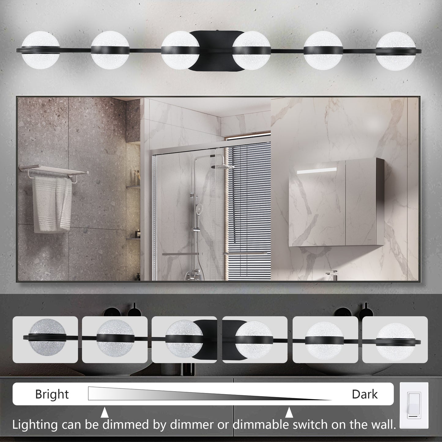 YANSUN 43in. Black 6-Light LED Bathroom Vanity Light with Crystal Sand Acrylic Shades Wall-Mount