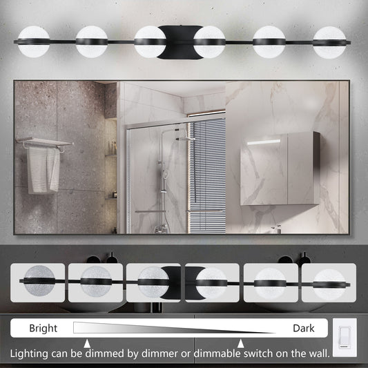YANSUN 43in. Black 6-Light LED Bathroom Vanity Light with Crystal Sand Acrylic Shades Wall-Mount