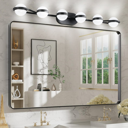 YANSUN 43in. Black 6-Light LED Bathroom Vanity Light with Crystal Sand Acrylic Shades Wall-Mount