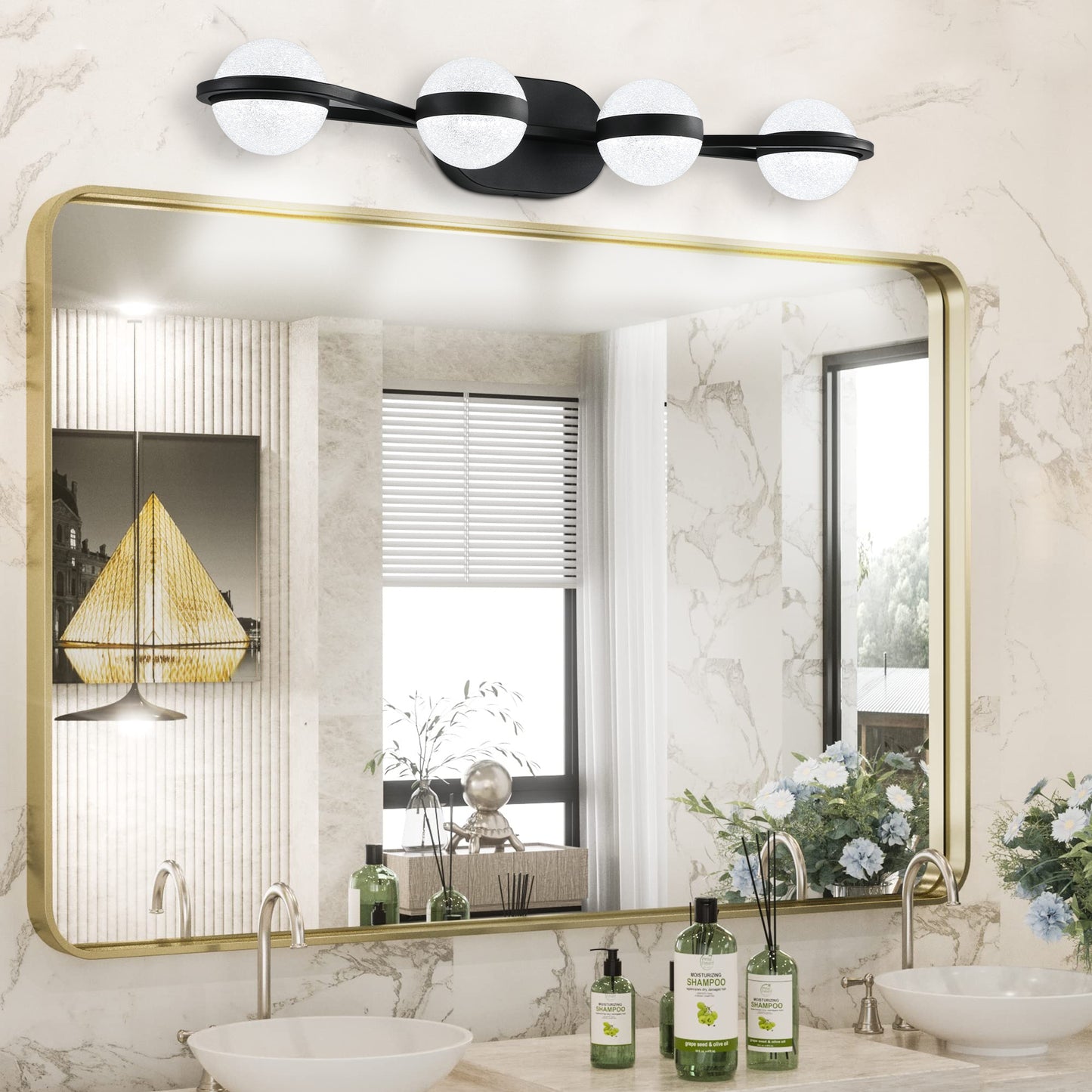 YANSUN 30"Black LED Bathroom Vanity Light with Crystal Sand Acrylic Shades, 4-Ligh Decorative WallLighting Fixturefor Bathroom Vanity Mirror