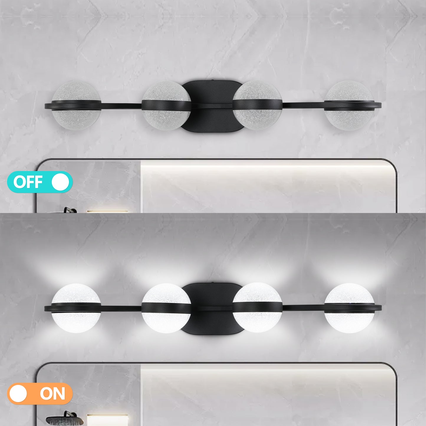 YANSUN 30"Black LED Bathroom Vanity Light with Crystal Sand Acrylic Shades, 4-Ligh Decorative WallLighting Fixturefor Bathroom Vanity Mirror