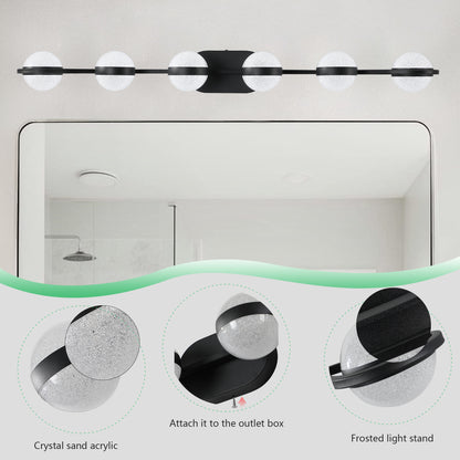 YANSUN 43in. Black 6-Light LED Bathroom Vanity Light with Crystal Sand Acrylic Shades Wall-Mount