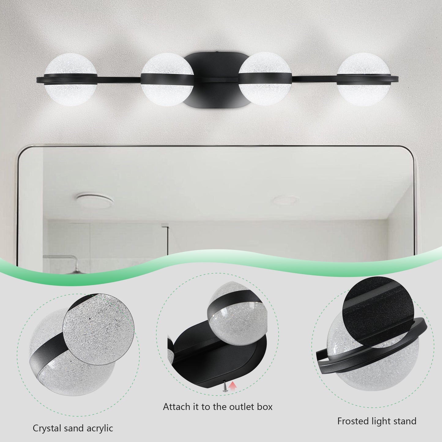YANSUN 30"Black LED Bathroom Vanity Light with Crystal Sand Acrylic Shades, 4-Ligh Decorative WallLighting Fixturefor Bathroom Vanity Mirror