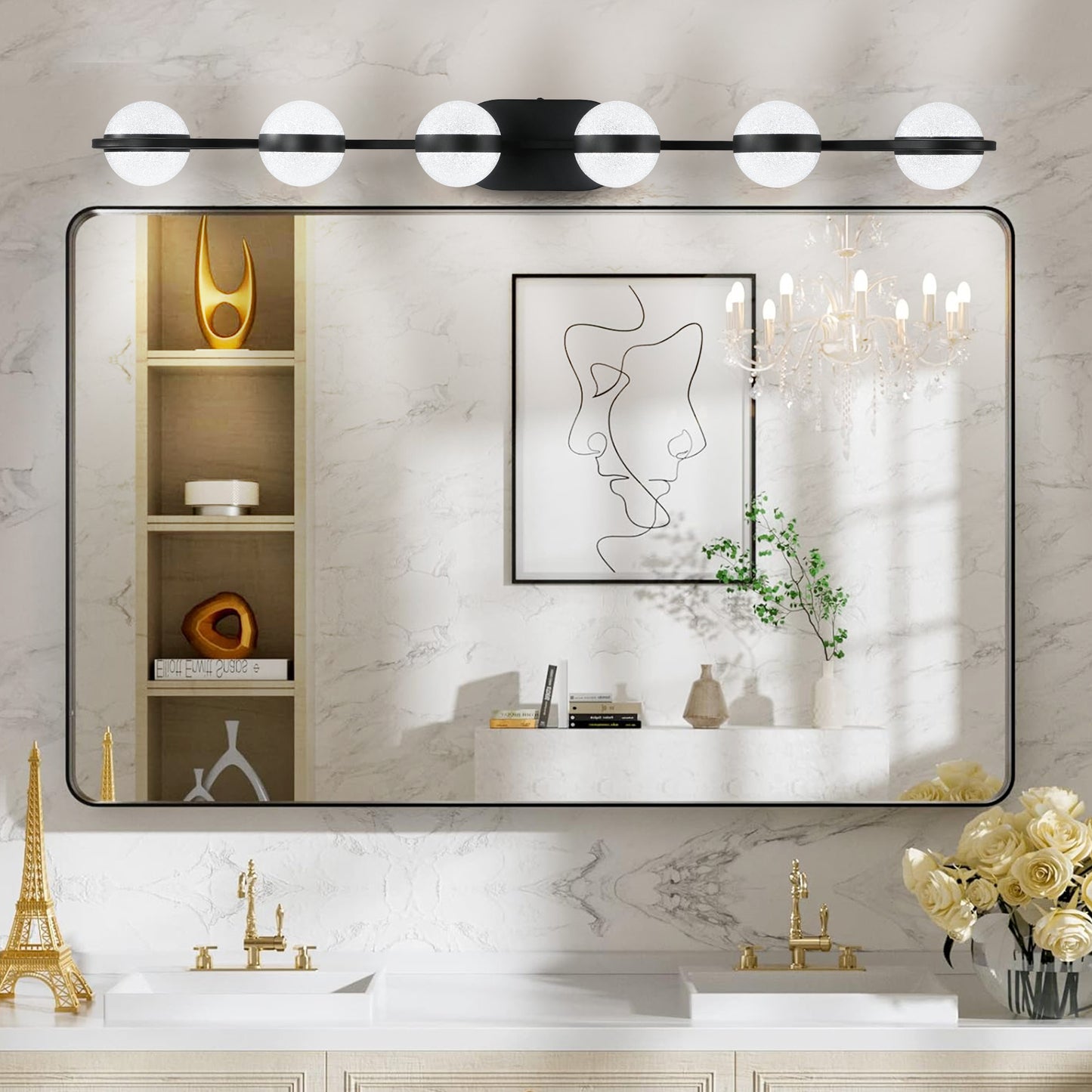 YANSUN 43in. Black 6-Light LED Bathroom Vanity Light with Crystal Sand Acrylic Shades Wall-Mount