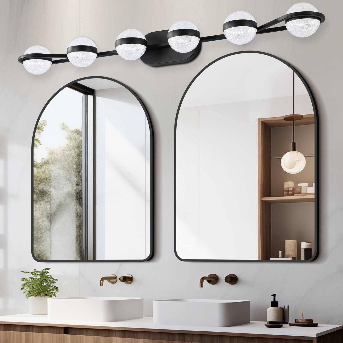 YANSUN 43in. Black 6-Light LED Bathroom Vanity Light with Crystal Sand Acrylic Shades Wall-Mount