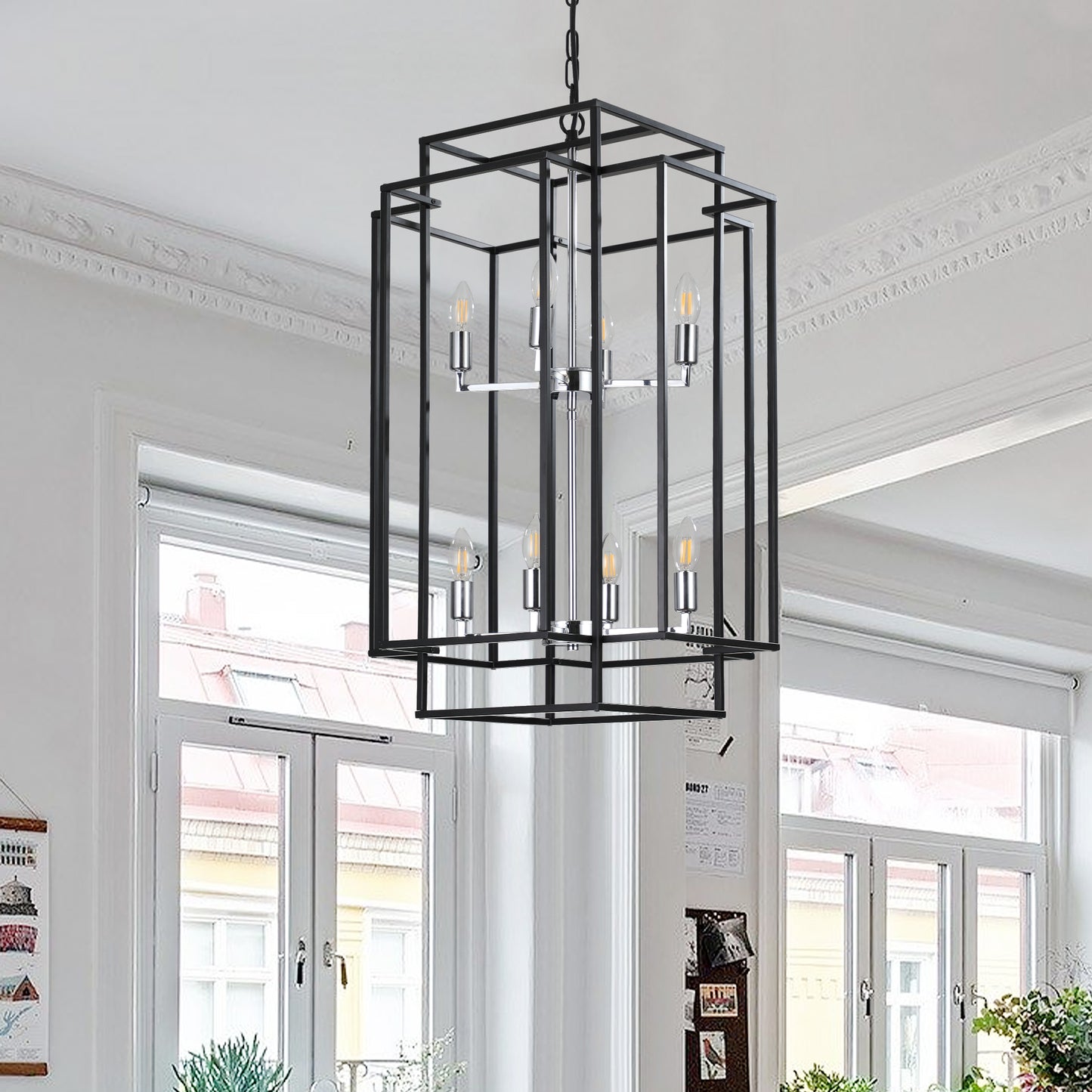 YANSUN Modern 8-Light Black & Chrome Geometric Pendant Chandelier, Industrial Adjustable Hanging Light for Living Room,Dining Room, Kitchen (No Bulbs)