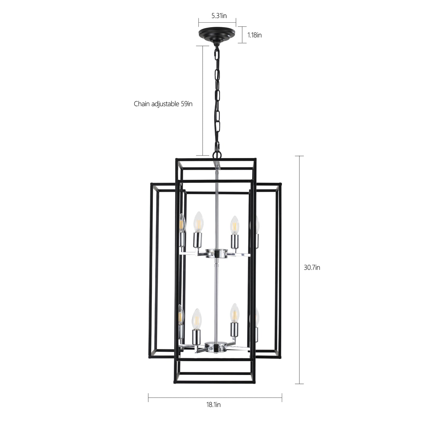 YANSUN Modern 8-Light Black & Chrome Geometric Pendant Chandelier, Industrial Adjustable Hanging Light for Living Room,Dining Room, Kitchen (No Bulbs)