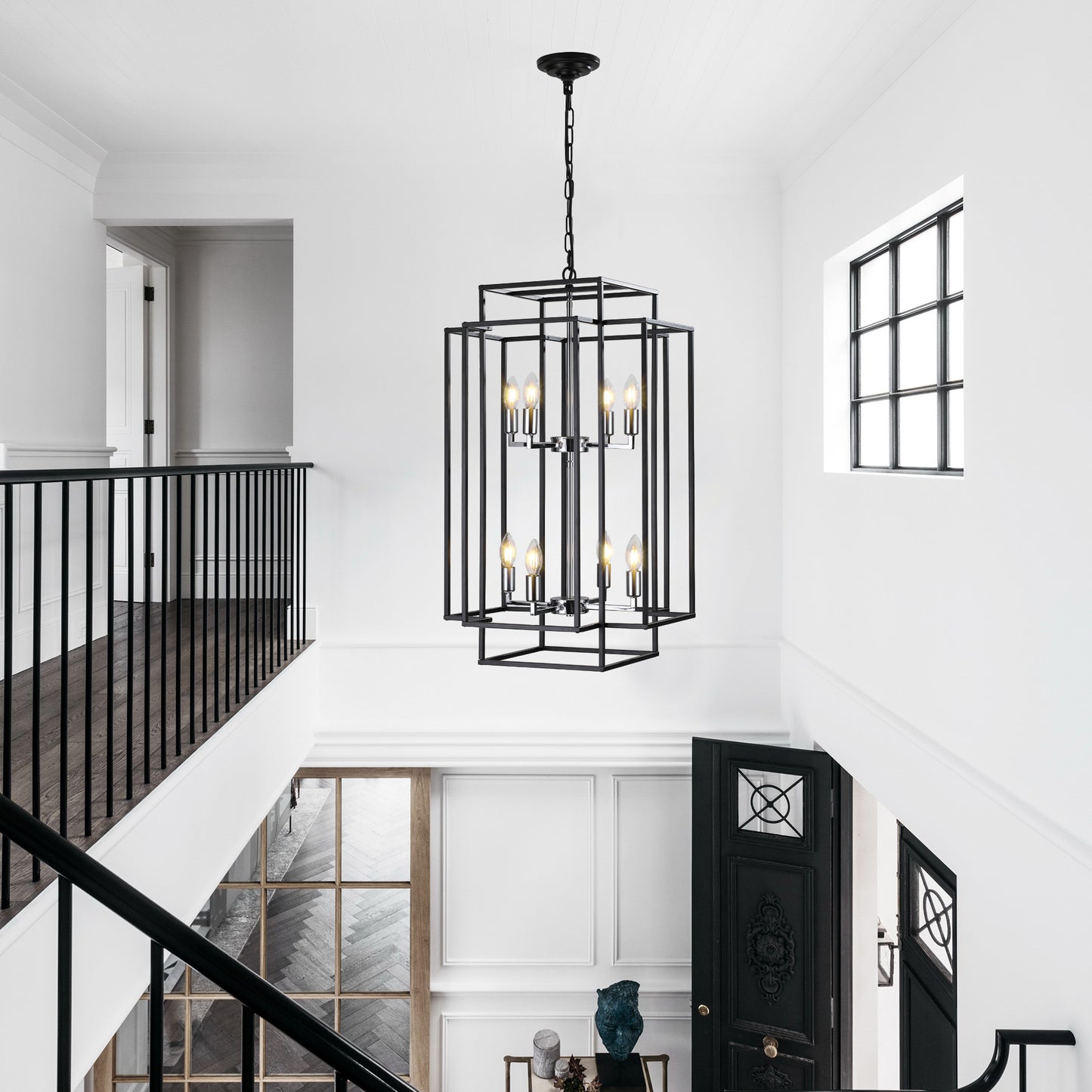 YANSUN Modern 8-Light Black & Chrome Geometric Pendant Chandelier, Industrial Adjustable Hanging Light for Living Room,Dining Room, Kitchen (No Bulbs)