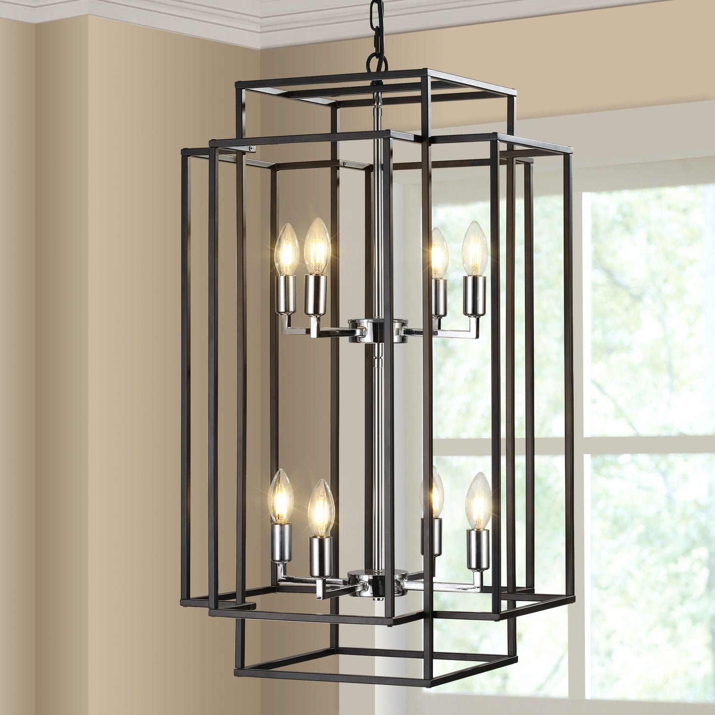 YANSUN Modern 8-Light Black & Chrome Geometric Pendant Chandelier, Industrial Adjustable Hanging Light for Living Room,Dining Room, Kitchen (No Bulbs)
