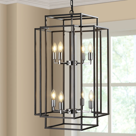 YANSUN Modern 8-Light Black & Chrome Geometric Pendant Chandelier, Industrial Adjustable Hanging Light for Living Room,Dining Room, Kitchen (No Bulbs)