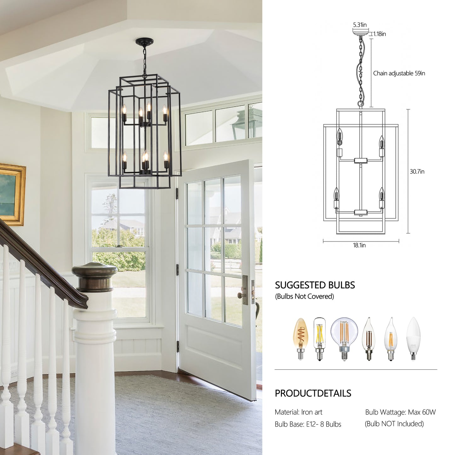 YANSUN Black Farmhouse Pendant Light, 8-Light Adjustable Height Chandelier for Kitchen Island & Foyer, E12 Base (Bulbs Not Included)