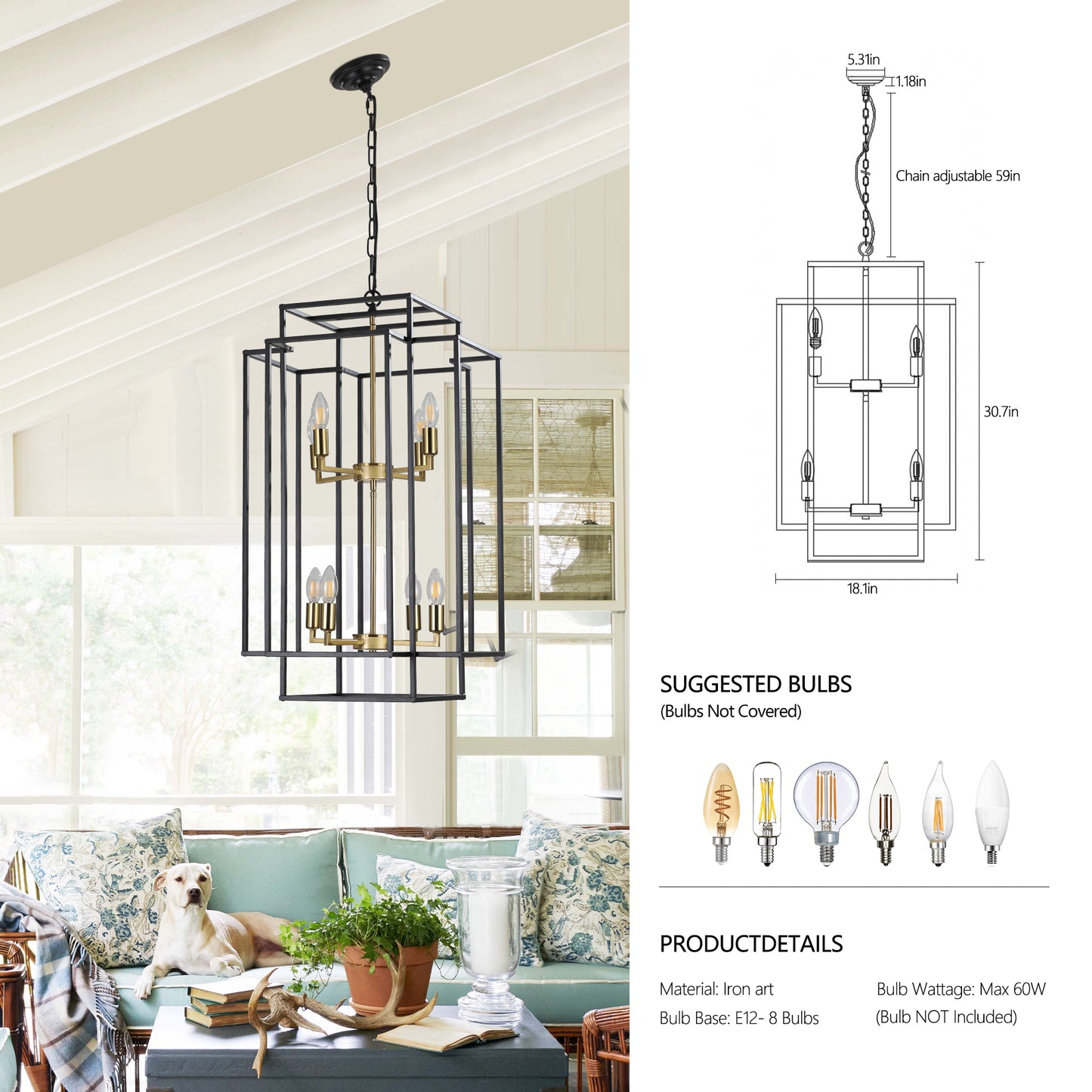 YANSUN Farmhouse Gold 8-Light Pendant Light, Adjustable Height, E12 Base, Iron Frame for Kitchen Island & Foyer (Bulbs Not Included)