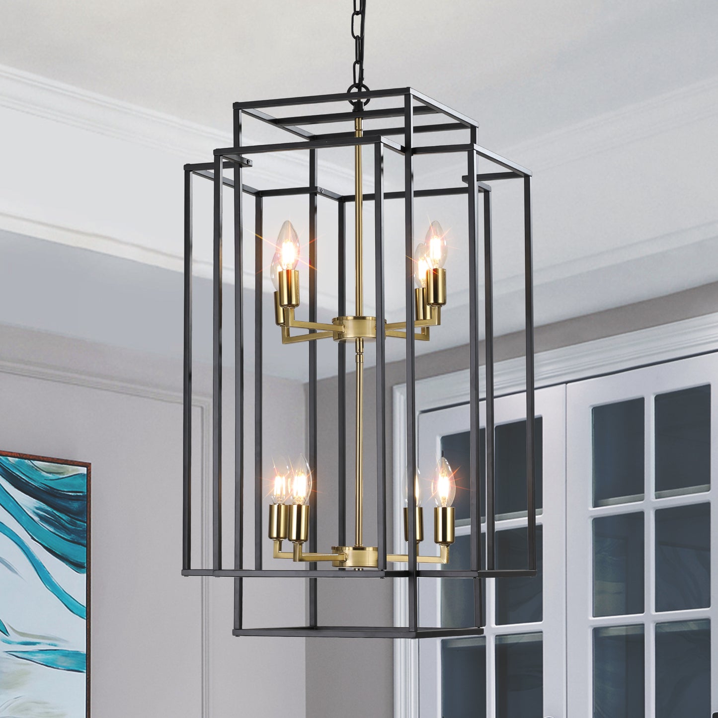YANSUN Farmhouse Gold 8-Light Pendant Light, Adjustable Height, E12 Base, Iron Frame for Kitchen Island & Foyer (Bulbs Not Included)