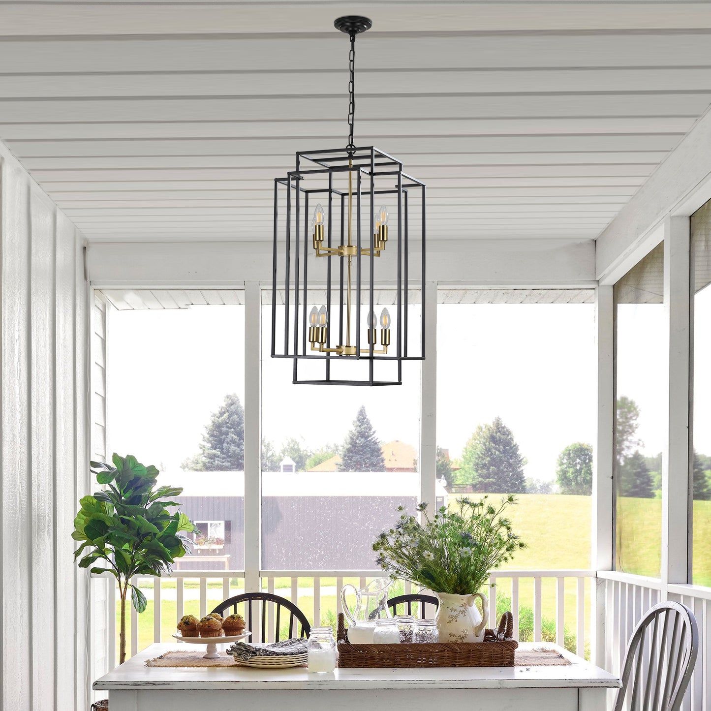 YANSUN Farmhouse Gold 8-Light Pendant Light, Adjustable Height, E12 Base, Iron Frame for Kitchen Island & Foyer (Bulbs Not Included)