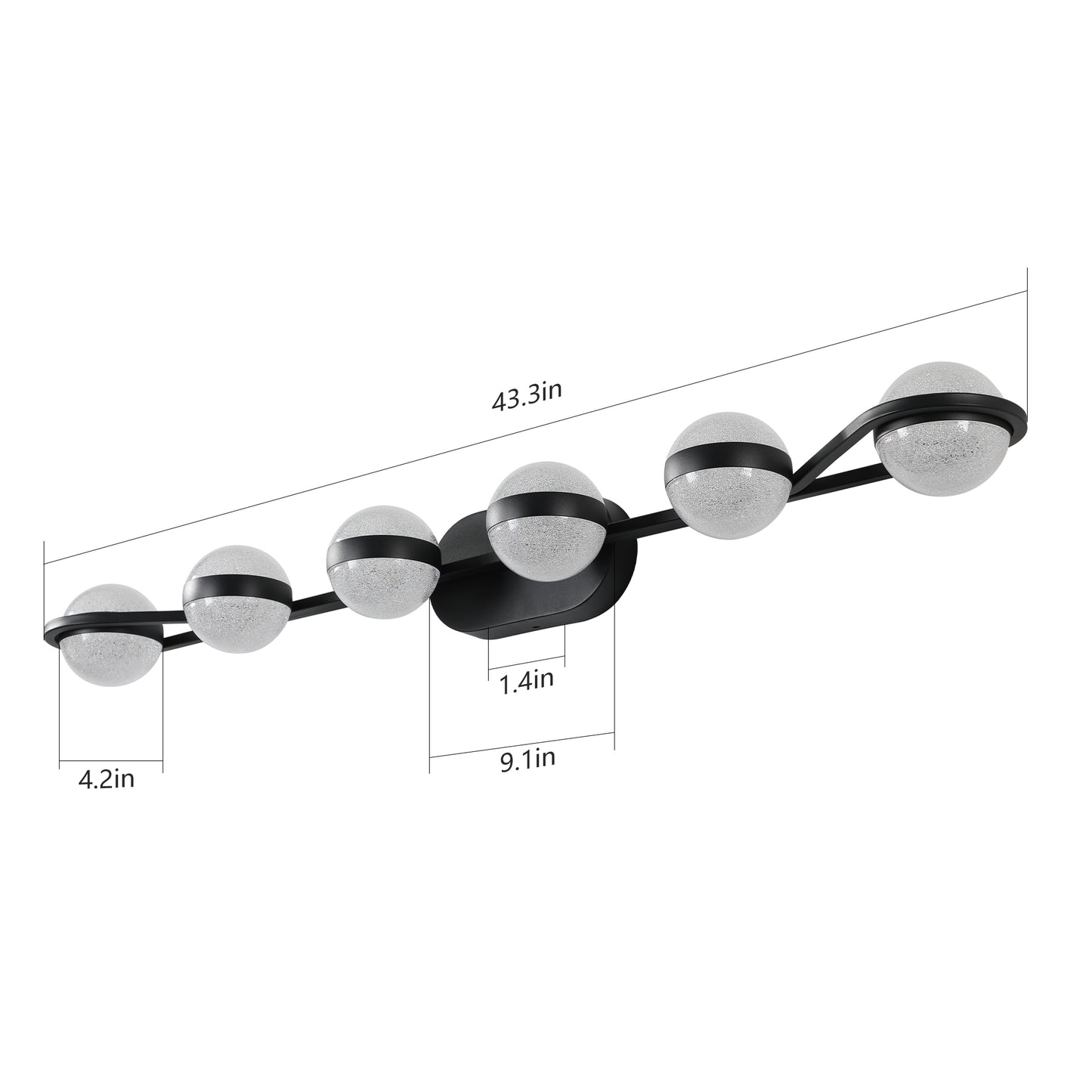 YANSUN 43in. Black 6-Light LED Bathroom Vanity Light with Crystal Sand Acrylic Shades Wall-Mount