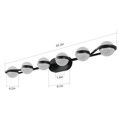 YANSUN 43in. Black 6-Light LED Bathroom Vanity Light with Crystal Sand Acrylic Shades Wall-Mount