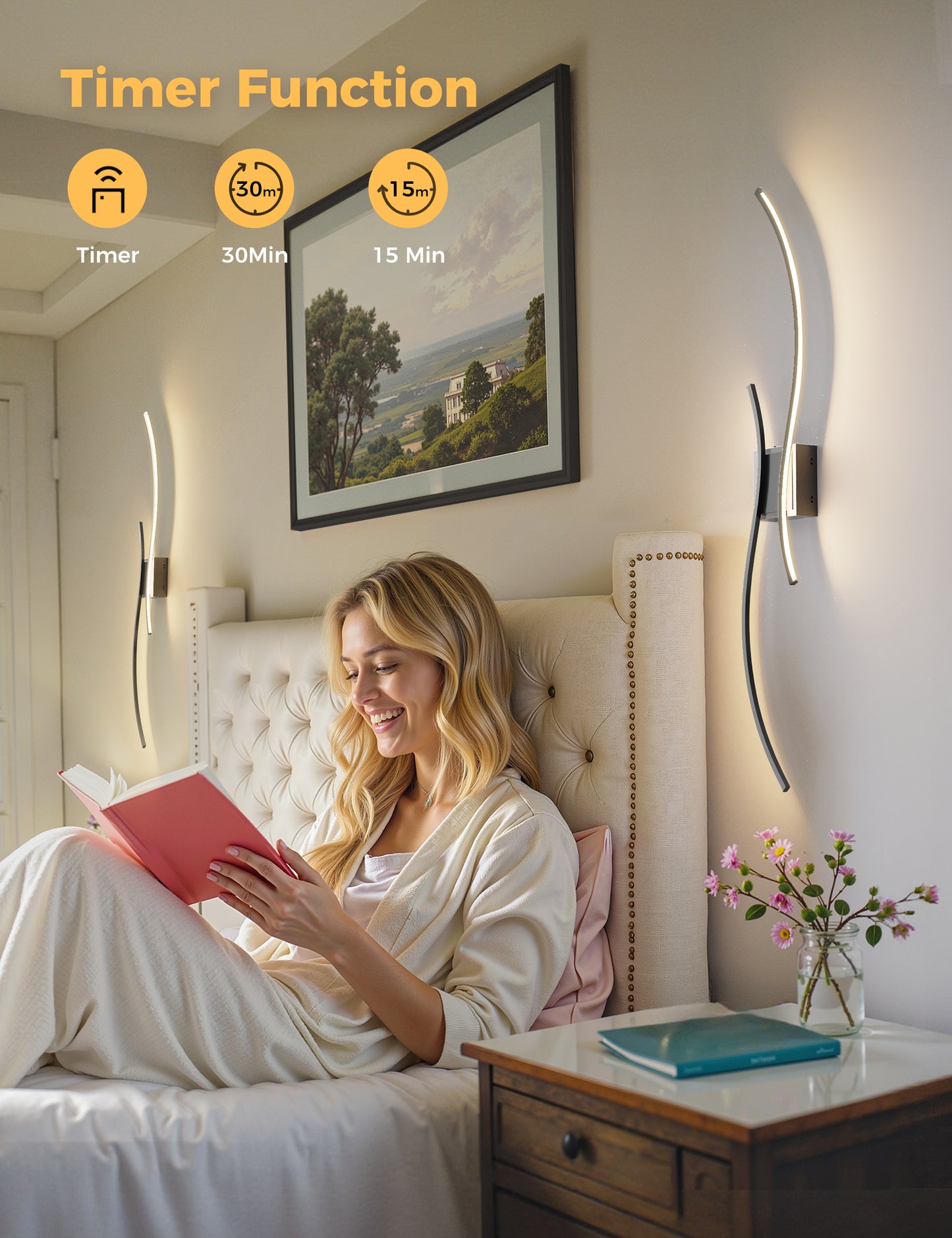 YANSUN 2-Pack LED Wave Wall Light, 39.37in Matte Black Finish, Built-in Dimmable & Color Changing, Touch & Remote Control, Memory & Timer