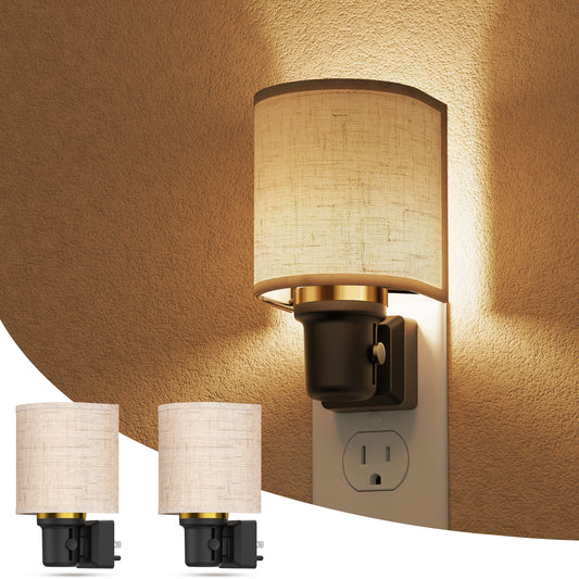 YANSUN 2-Pack 1W Dusk to Dawn Plug-in Night Lights Boho Fabric Shade 2700K Warm White LED Night Lights with Gold Ring Accent Dimmable for Bedroom Hallway