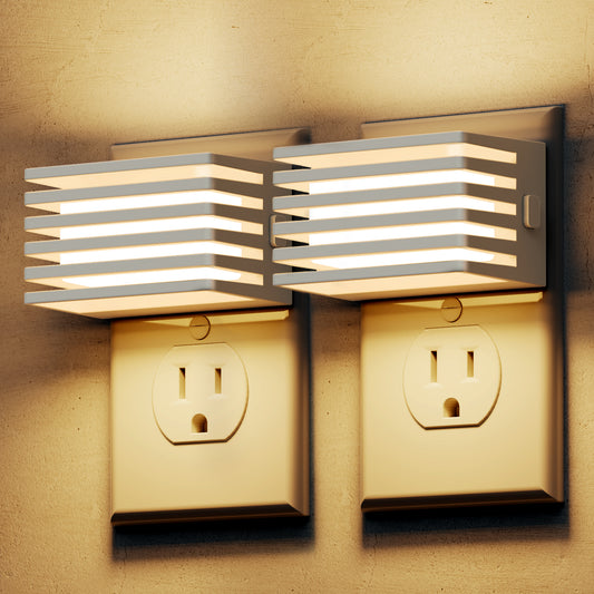 YANSUN  2-Pack 1W Plug-in Light-Controlled Night Light, Fence Design, Up and Down Lighting, White Shell, 3000K Warm Light