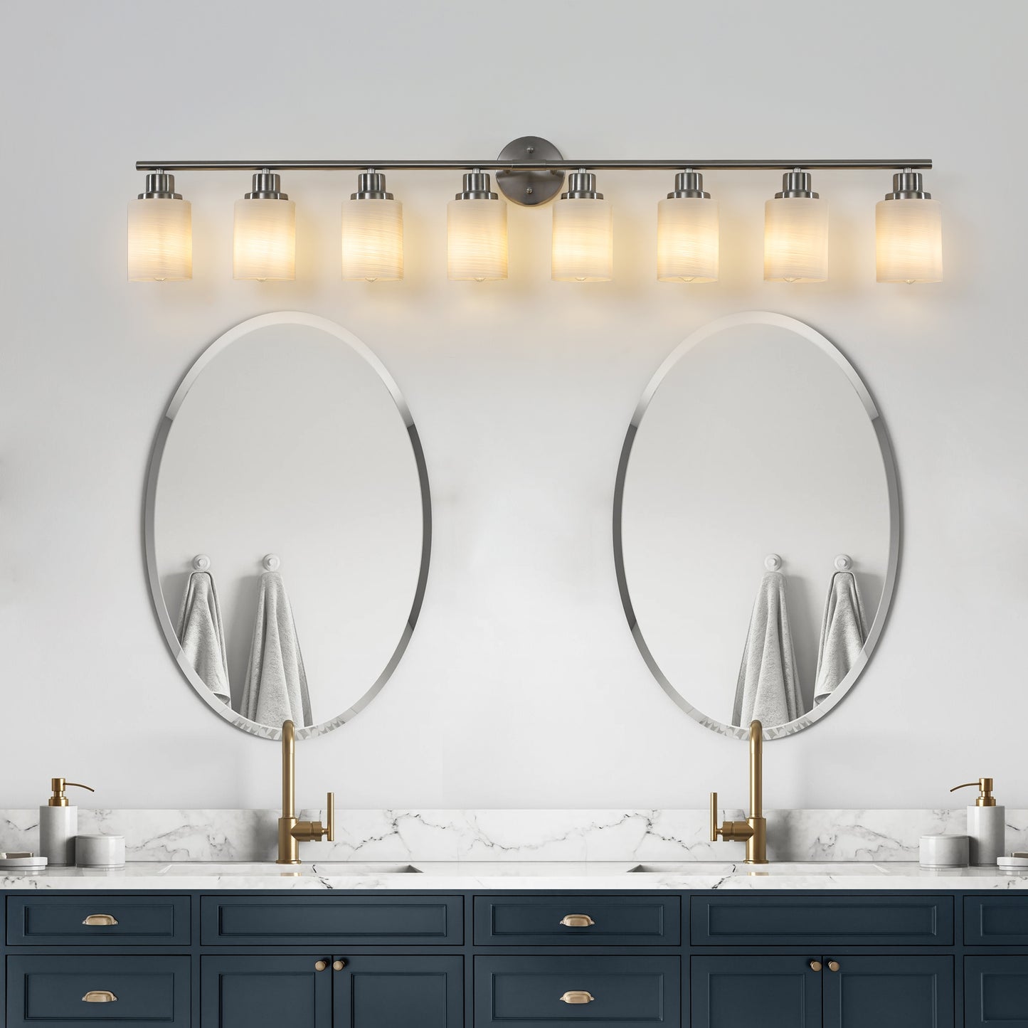 YANSUN Modern 8-Light Vanity Wall Sconce, Brushed Nickel Finish with Frosted Glass Shades for Bathroom or Hallway Lighting (No Bulbs)