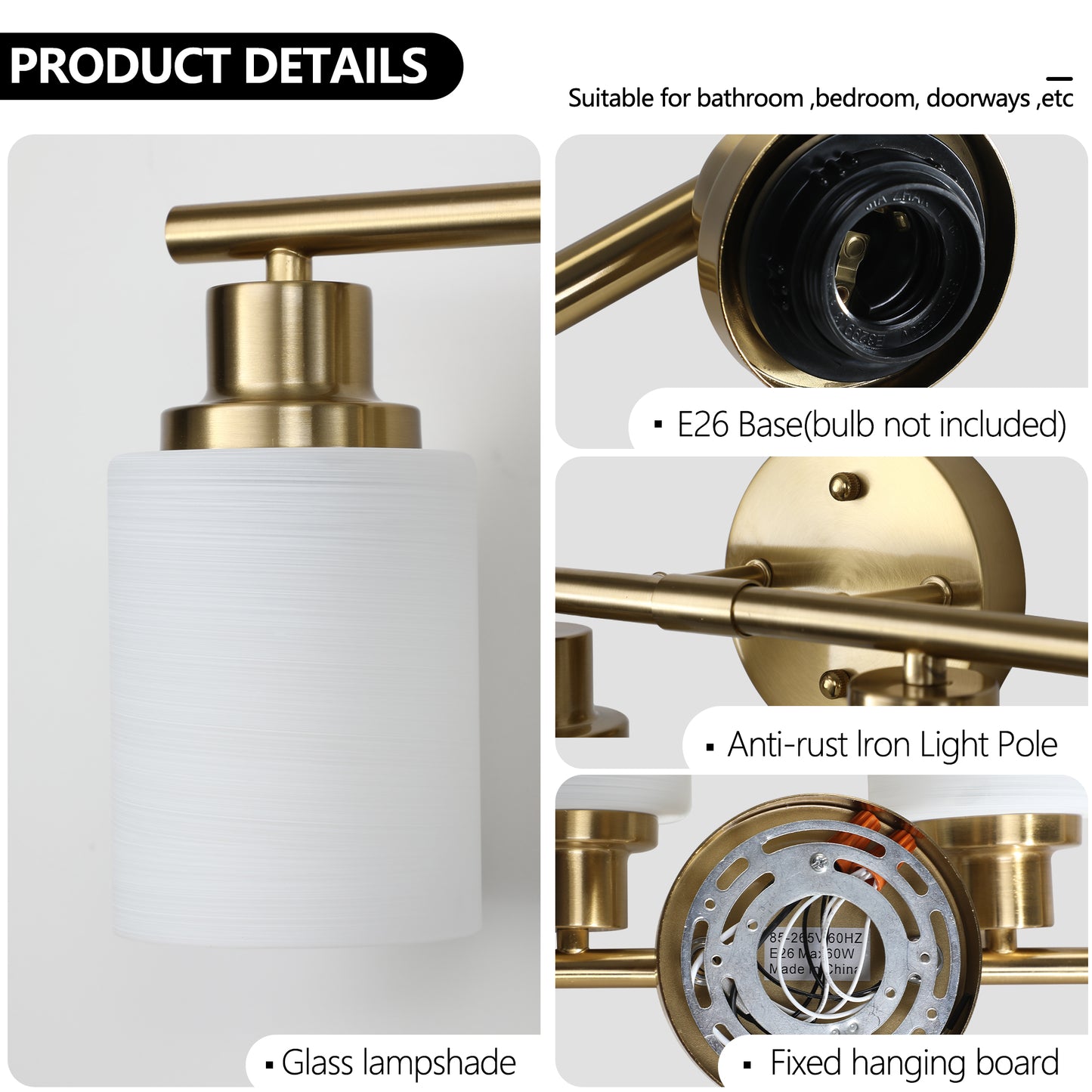 YANSUN Golden Modern Minimalist Bathroom Vanity Light, 6-Light Wall Sconce, Iron & Glass, E26 Base, Hard-Wired (Bulbs Not Included)
