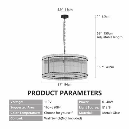 YANSUN 37in. Black 2-Tier 8-Light Water Ripple Crystal Chandelier Modern Ceiling Light for Dining Room Living Room Bedroom Foyer High Ceiling