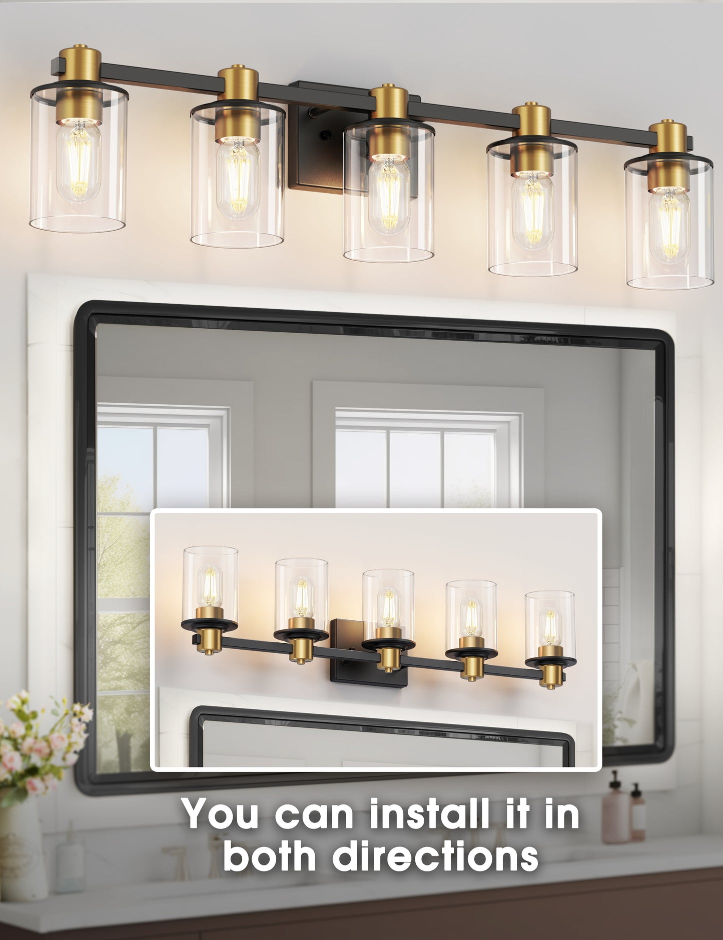 YANSUN 32 in. 5-Light Black Gold Vanity Light for Bathroom with Clear Glass Shade Wall Sconce