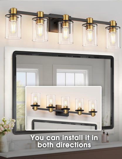 YANSUN 32 in. 5-Light Black Gold Vanity Light for Bathroom with Clear Glass Shade Wall Sconce