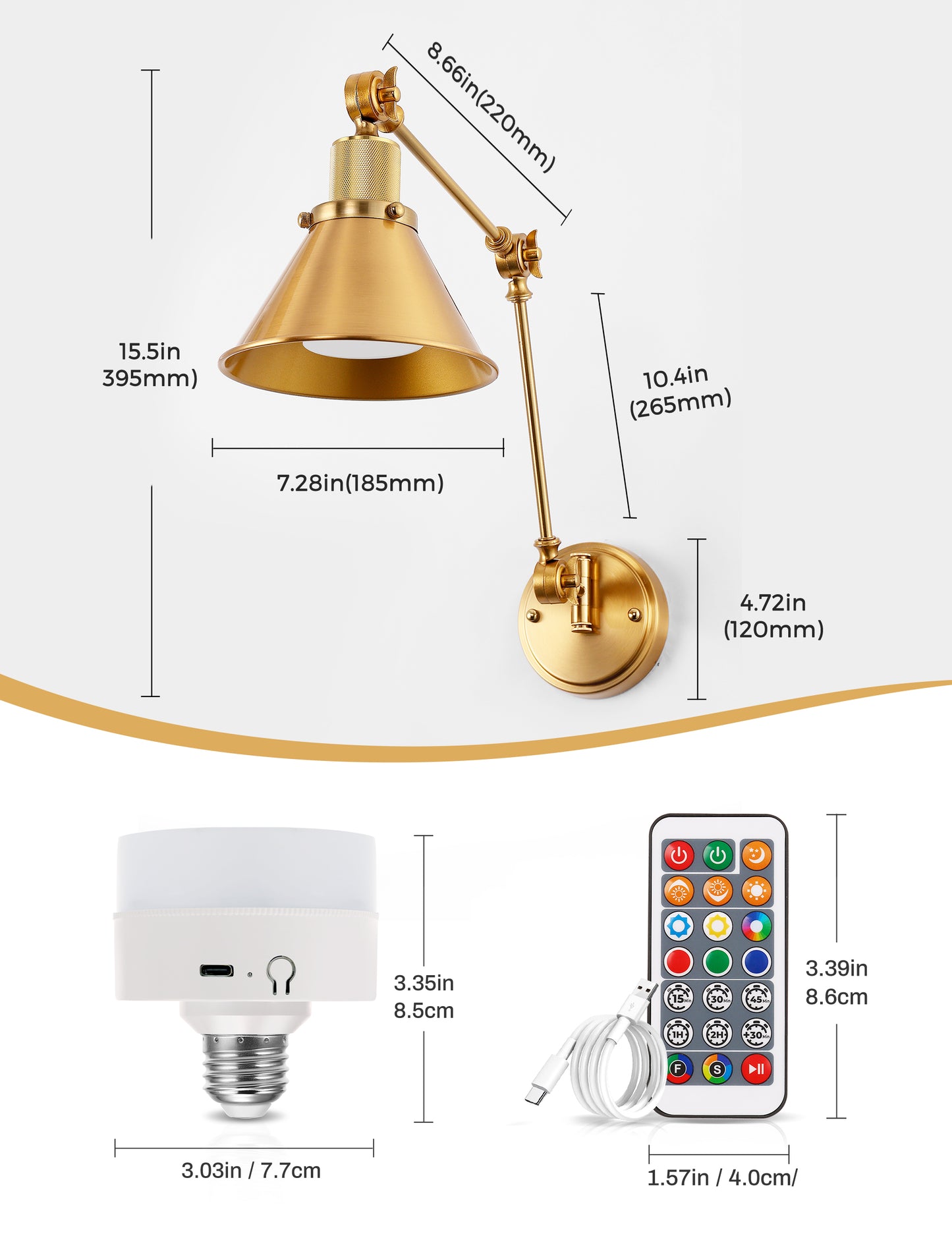 YANSUN 13 in. 1-Light Modern Adjustable Gold Wall Sconce with Swing Arm, Plug-In Vintage Task Light for Living Room