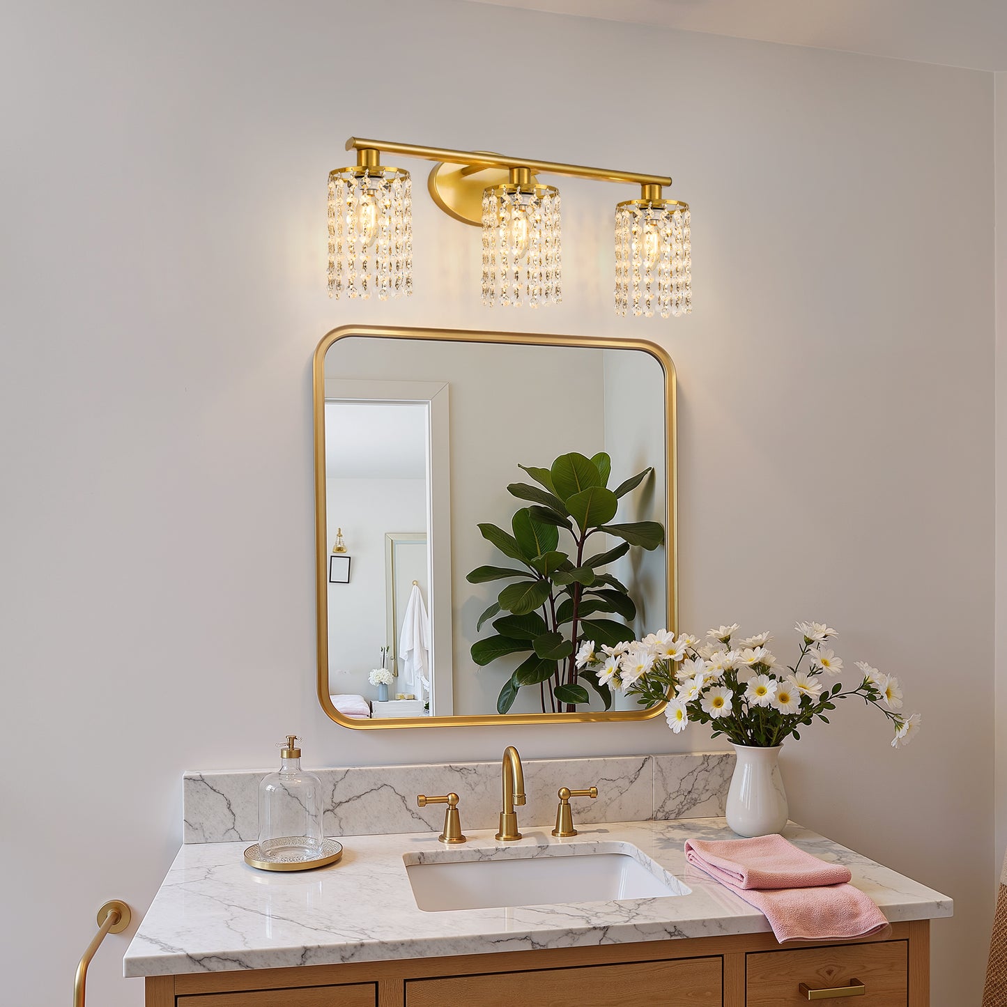 YANSUN 20.87 in.3-Light Gold Adjustable Wall Sconce with Crystal Shade Modern Lighting Fixture for Corridor and Hallway