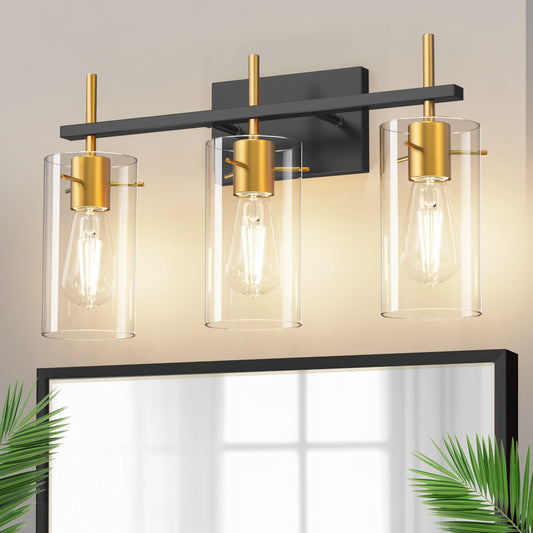 YANSUN 3-Light Vanity Light, Black and Gold Finish, Three-Hole Perforated Glass Shades, E26 Sockets, Non-Integrated Light Source