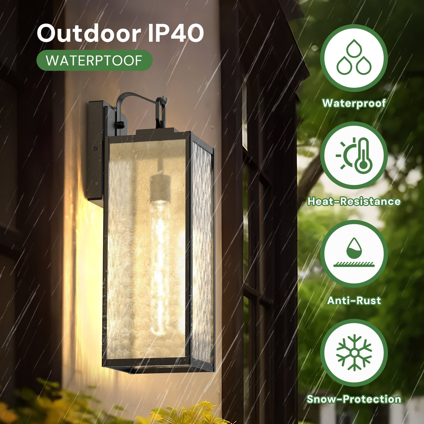 YANSUN 2-Pack Outdoor Wall Light with Dusk-to-Dawn Sensor, 18in Metal Fixture with Stone-Pattern Glass Shade, Upward Hook Design, E26 Base