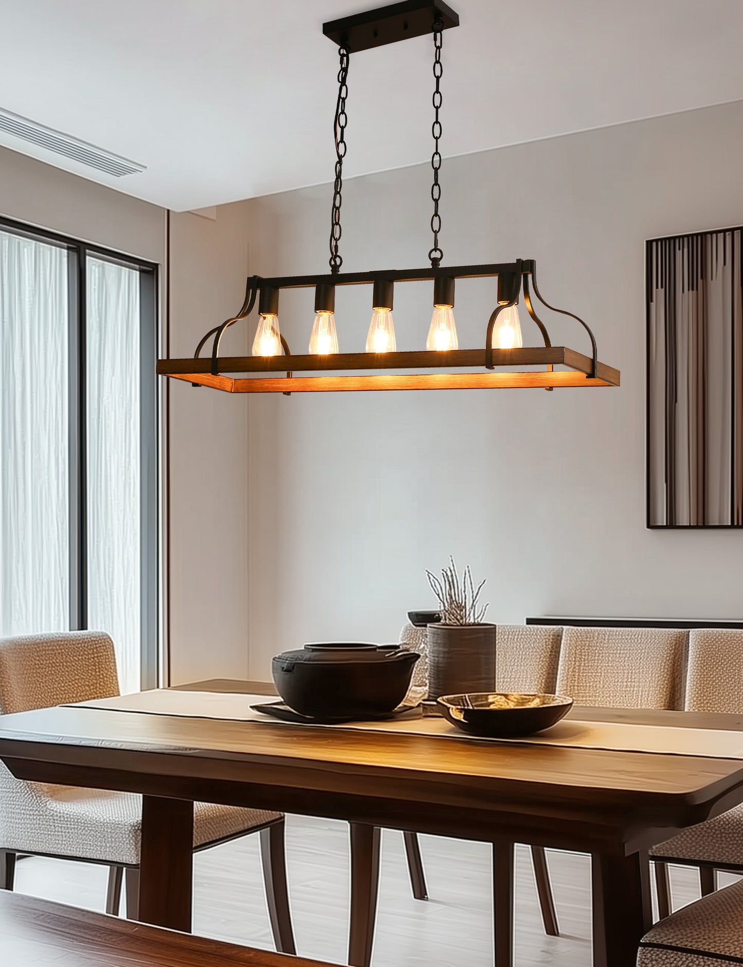 YANSUN 5-Light Island Pendant Light, Brown Metal Frame, Non-Integrated Design, Bulbs Not Included