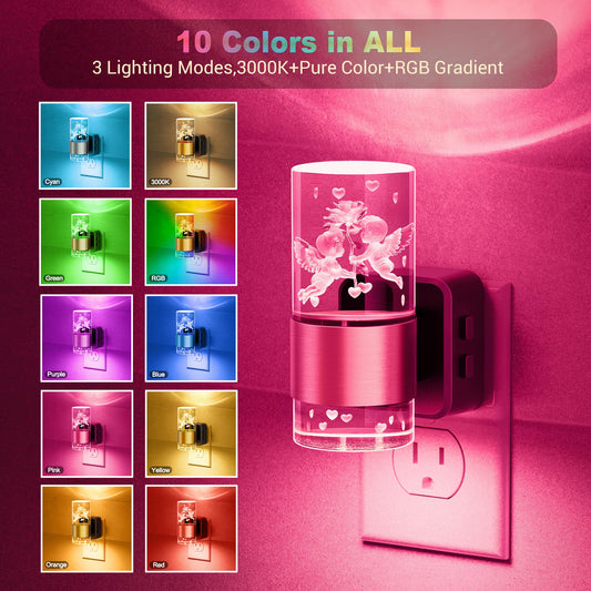 YANSUN 1W Plug-in Light Control Night Light, 3D Engraved Cupid & Gold Ring Design, RGB + 2700K, Adjustable Brightness, Black & Copper Finish