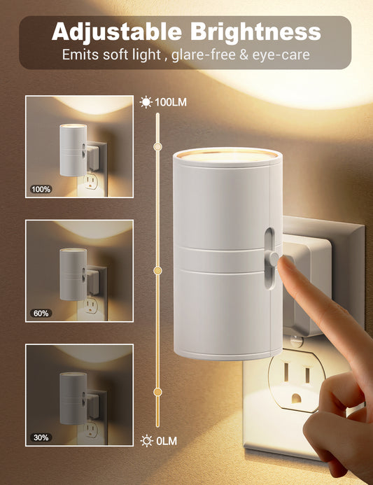 YANSUN 2-Pack Plug-in Dusk to Dawn Night Light, 1W Dimmable LED Wall Style Night Lamp, 3000K Warm Light, White Cylinder Design, US Plug