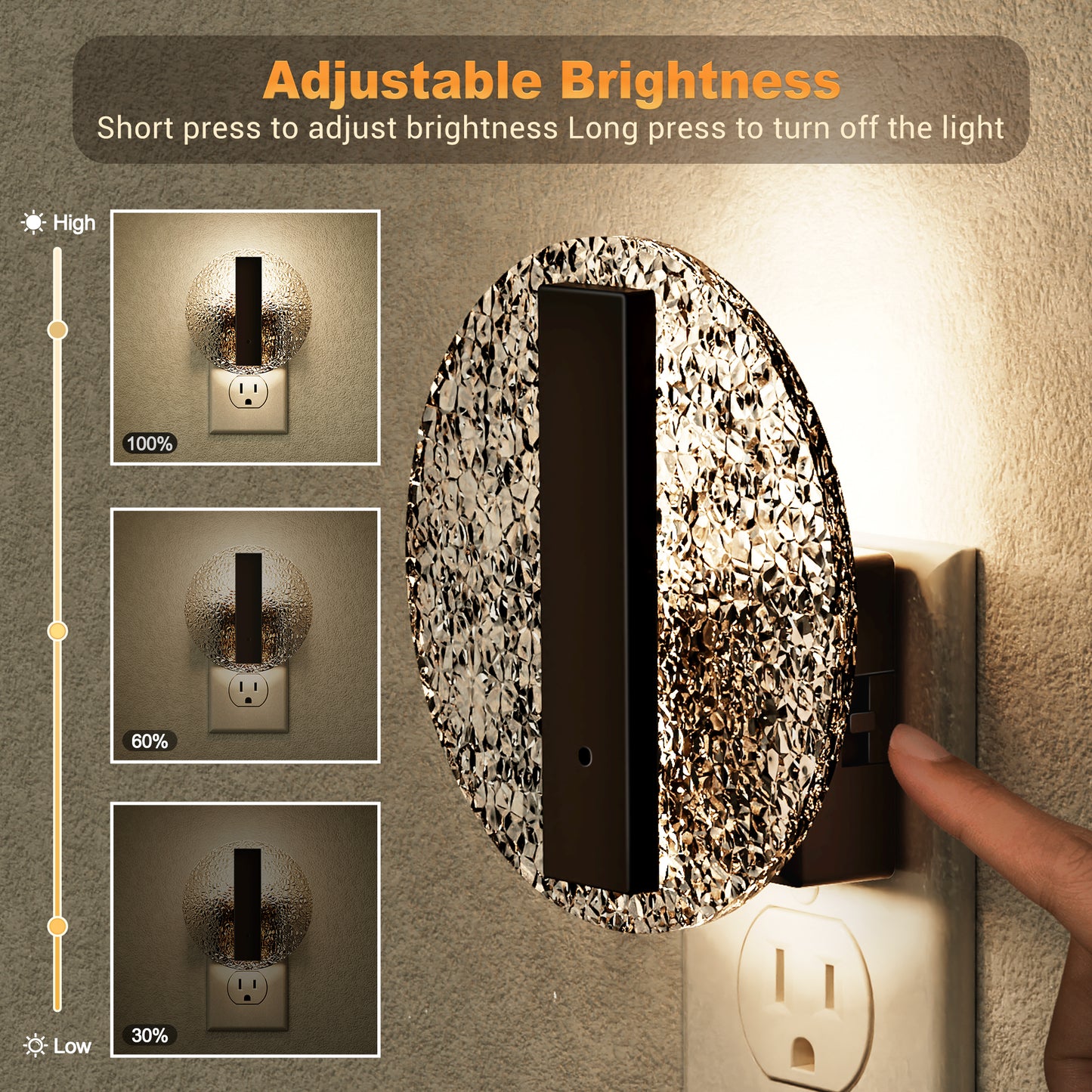 YANSUN 2-Pack Plug in Dusk to Dawn Night Light 1W Dimmable 3000K Black Acrylic Crystal Style Night Lamp